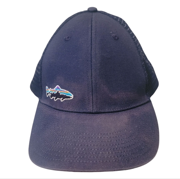 Patagonia Navy Blue Trucker Hat Fish Embroidery Logo Snapback Fitz Roy Mesh - Picture 1 of 5